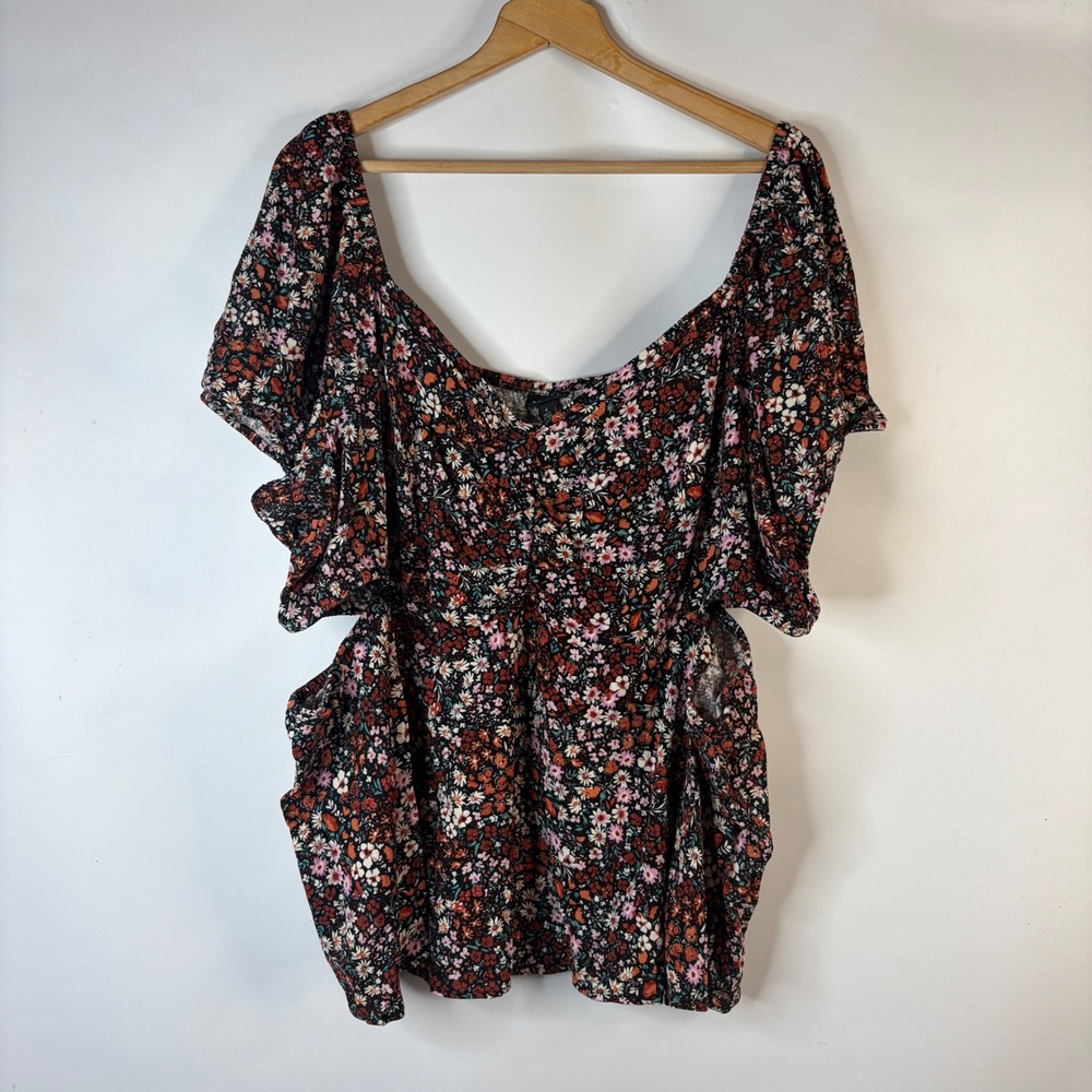 Torrid Blouse Women 4 Multi Floral Flutter Sleeve Side Cut Out Top